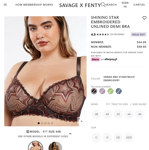NWT Savage X Fenty Shining Star Unlined Demi Bra 32C Red Starstruck Embroidery - Picture 2 of 9